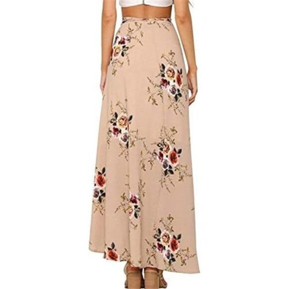 Boho Nude Floral Print Tie Waist Wrap Maxi Skirt Leg Slit Flowy Skirt Cover Up - Picture 5 of 10